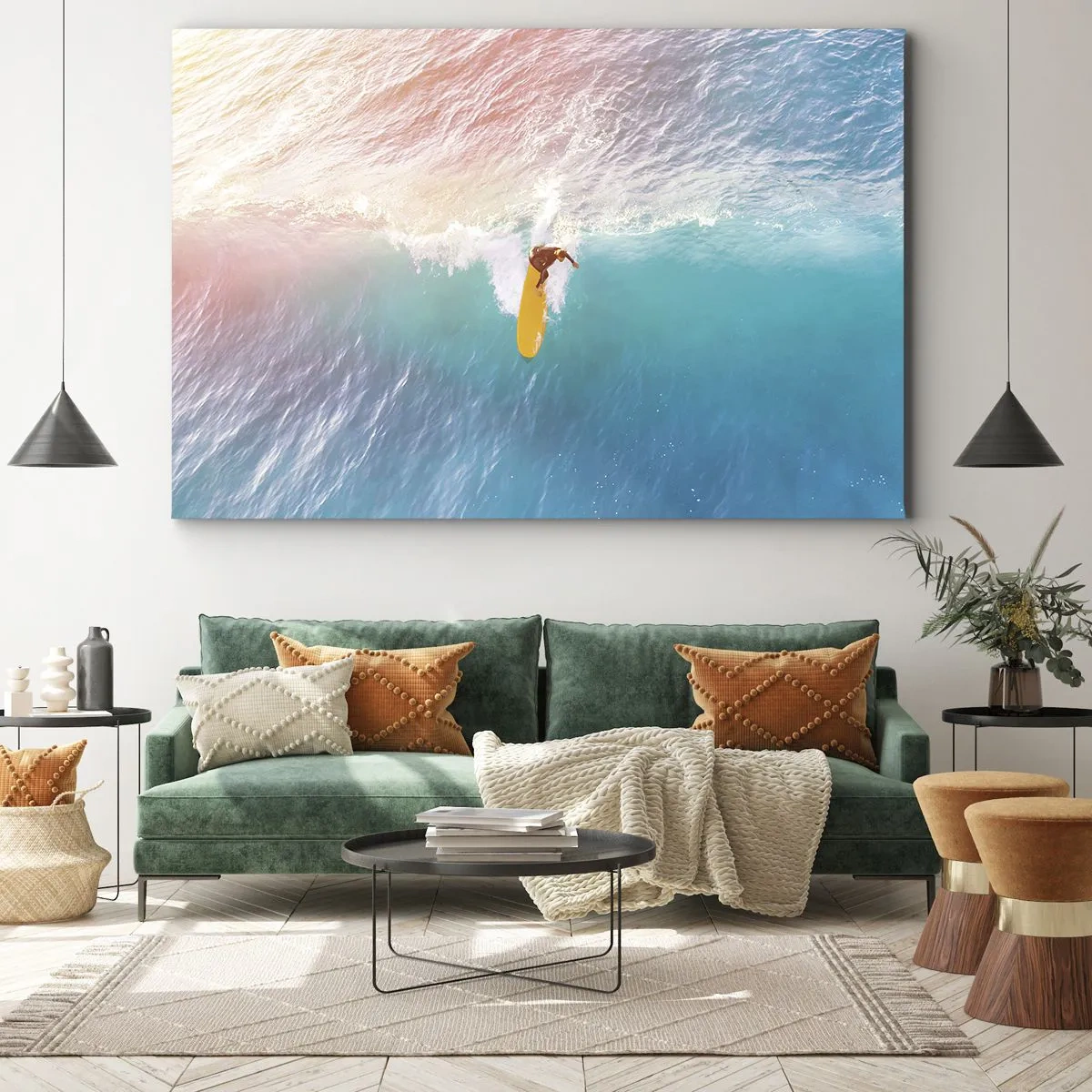 Quadro em tela - Surfista em uma onda em tons pastéis - 70x50cm - Cavaleiro oceânico - Decoração de parede moderna para a sala de estar e quarto ARTTOR