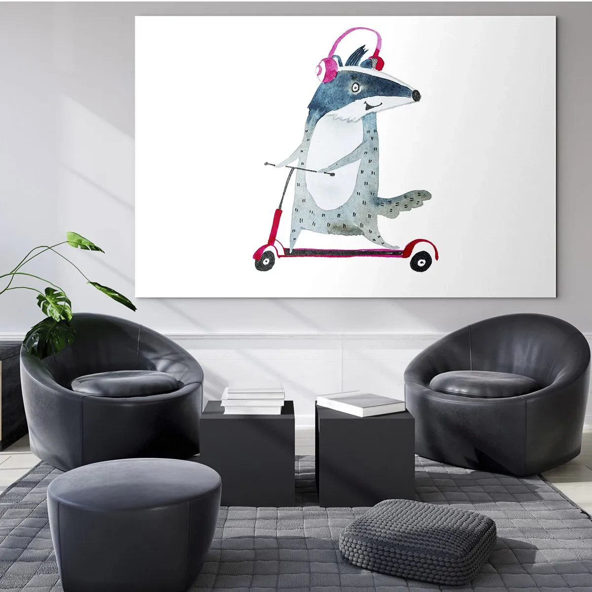Quadro em vidro - Texugo com fones de ouvido em uma scooter de aquarela - 70x50cm - A alegria do texugo - Decoração de parede moderna para a sala de estar e quarto ARTTOR