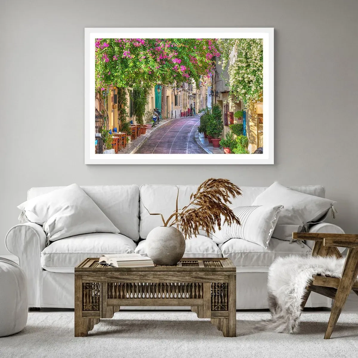 Pôster em moldura branca - Beco florido - 100x70 cm