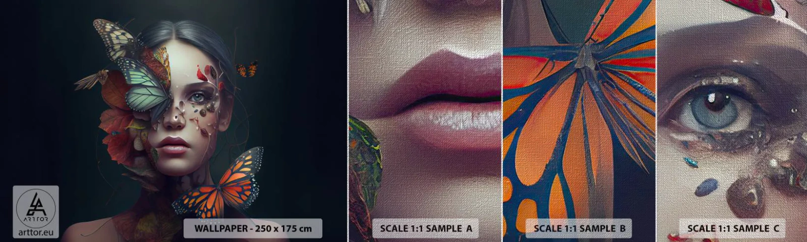 Amostra de papel de parede Premium Canvas - Uma metamorfose maravilhosa - Borboletas, Face, Mulher - 100x30 cm