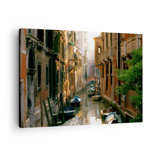 Quadro em tela - Um canal pitoresco em Veneza com barcos e uma ponte - 70x50cm - Em um beco veneziano - Decoração de parede moderna para a sala de estar e quarto ARTTOR