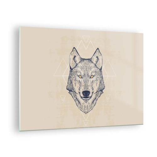 Quadro em vidro - Cabeça de lobo contra um fundo de padrões geométricos - 70x50cm - Alfa com um olhar penetrante - Decoração de parede moderna para a sala de estar e quarto ARTTOR