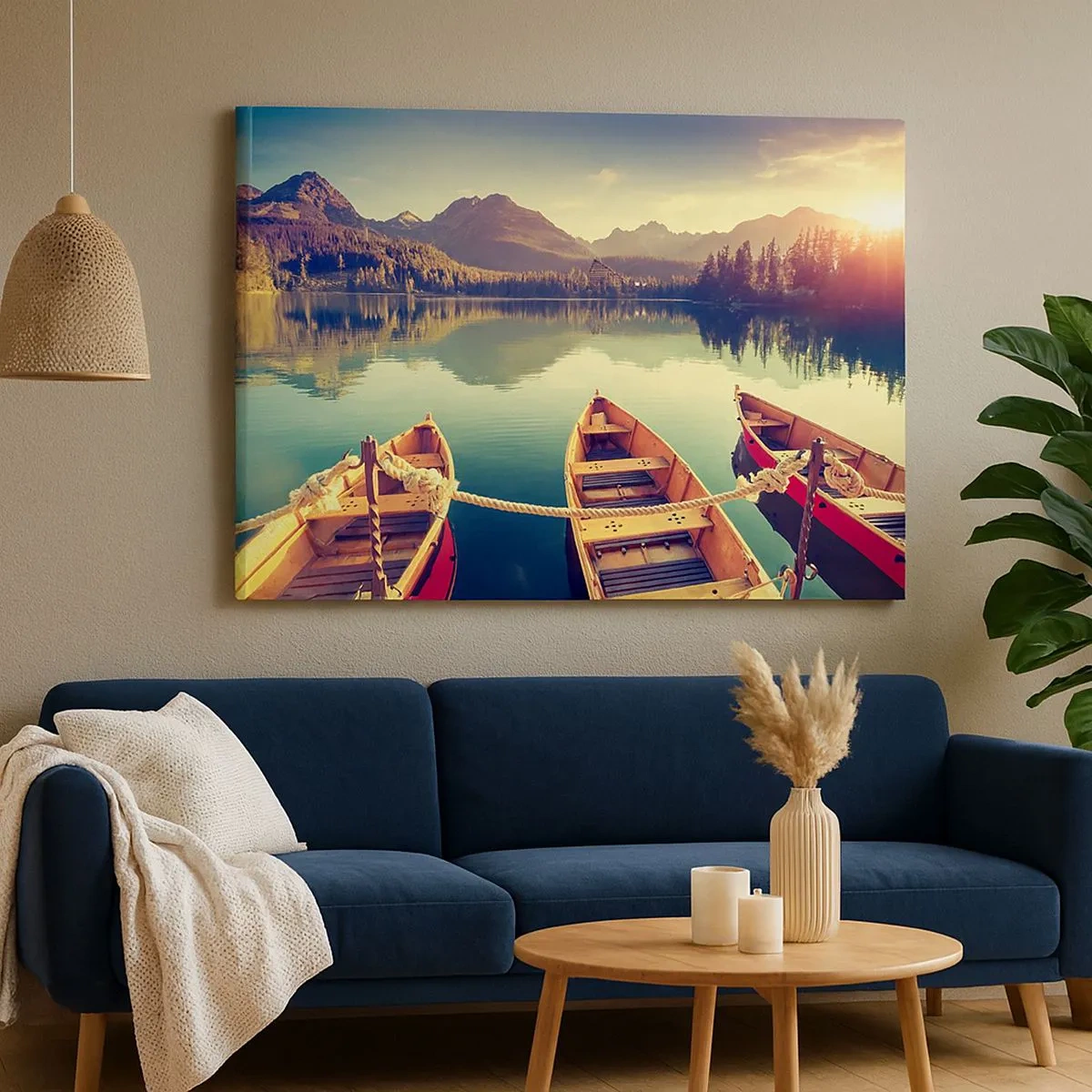 Quadro em tela - Barcos em um lago calmo cercado por montanhas ao pôr do sol - 70x50cm - Viver de acordo com as suas leis - Decoração de parede moderna para a sala de estar e quarto ARTTOR