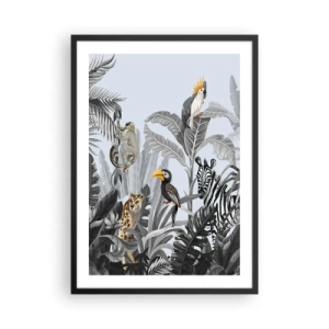 Pôster com moldura preta - Animais tropicais coloridos entre as folhas da selva - 50x70cm - Conto de fadas africano - Decoração de parede moderna para a sala de estar e quarto ARTTOR