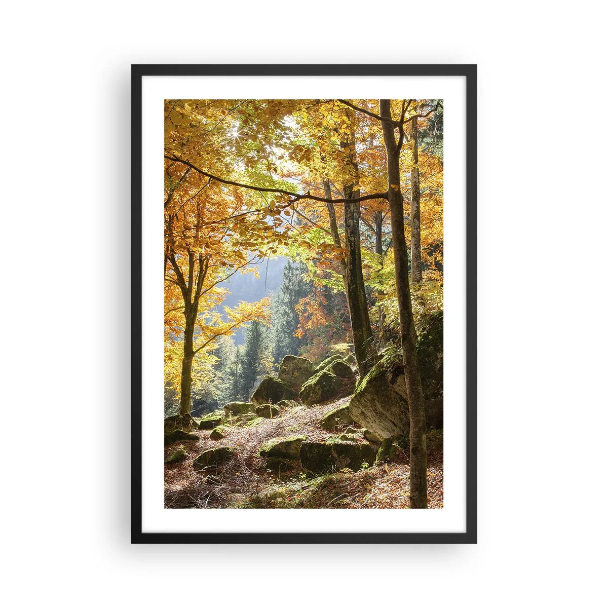 Pôster com moldura preta - Floresta de outono com raios de sol e pedras cobertas de musgo - 50x70cm - Tempo para descansar - Decoração de parede moderna para a sala de estar e quarto ARTTOR