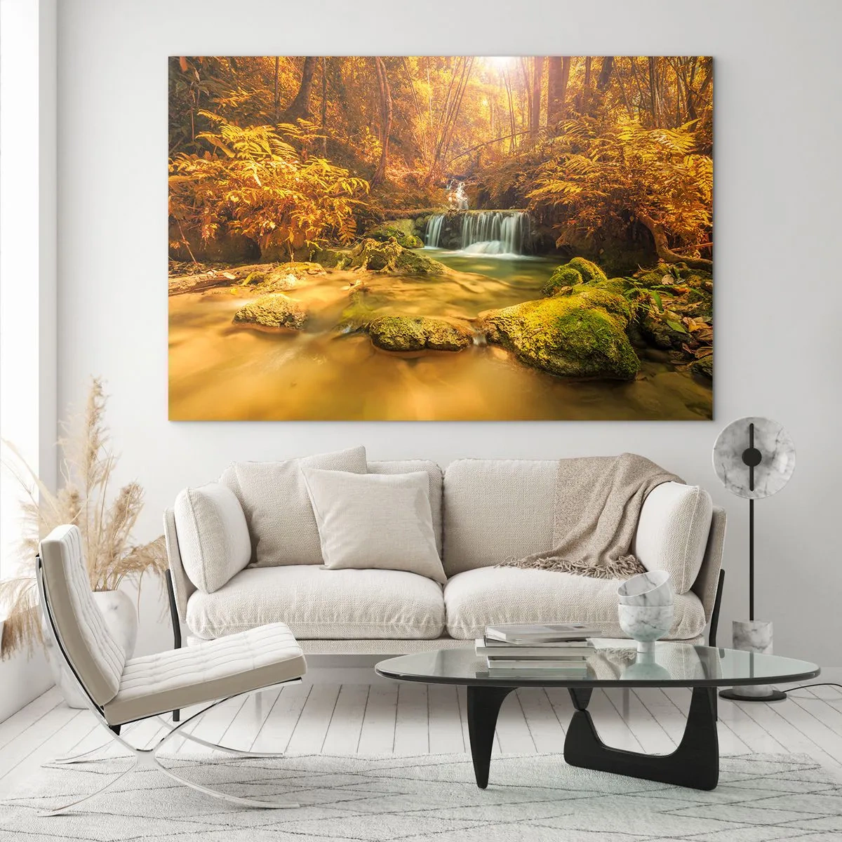 Quadro em vidro - Cascata florestal em ouro - 70x50cm - Cascata na floresta em ouro - Decoração de parede moderna para a sala de estar e quarto ARTTOR
