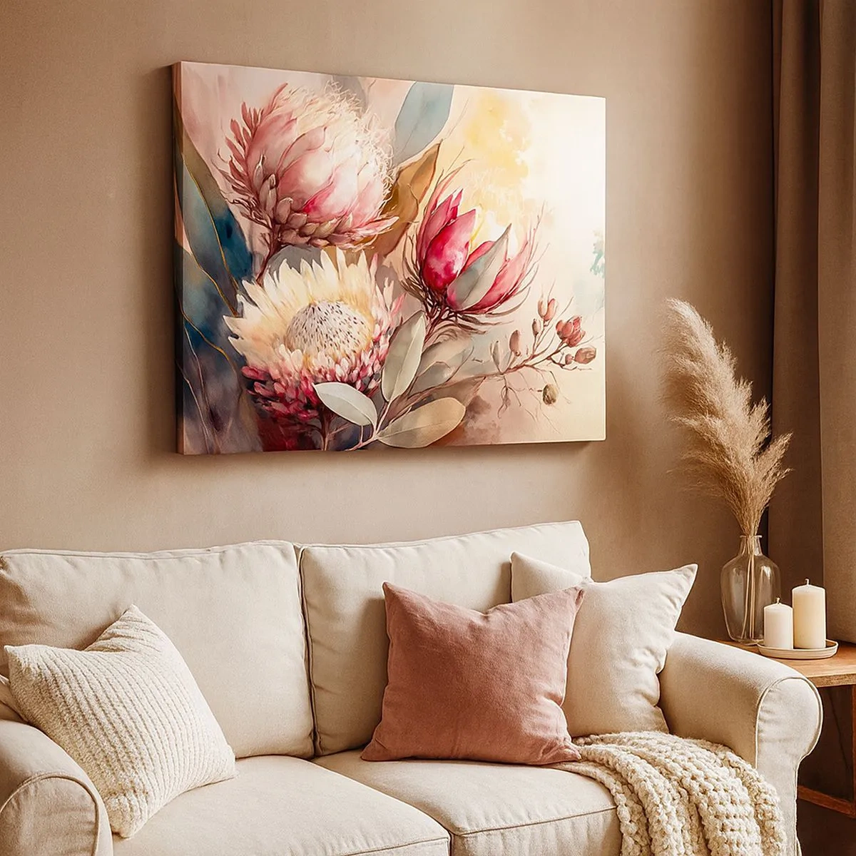 Quadro em tela - Flores de protea em delicados tons pastéis - 70x50cm - De perfil e de frente - Decoração de parede moderna para a sala de estar e quarto ARTTOR