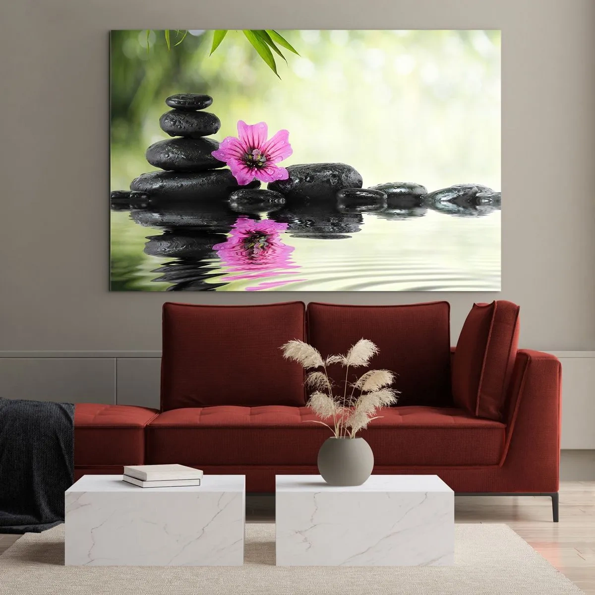 Quadro em vidro - Pedras pretas e uma flor rosa no contexto da natureza - 70x50cm - Tempo para a alma - Decoração de parede moderna para a sala de estar e quarto ARTTOR