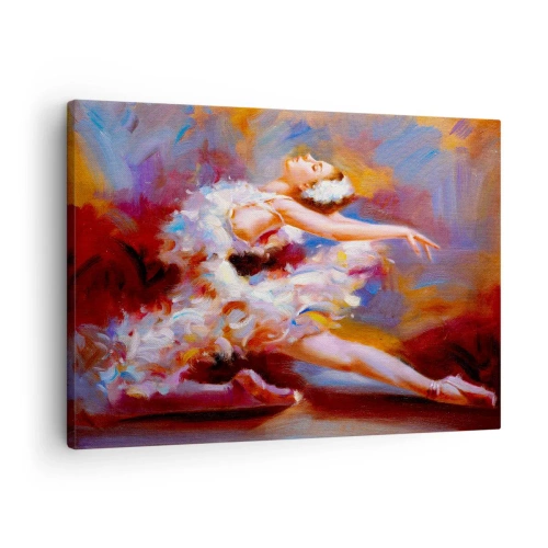 Quadro em tela - Uma bailarina em uma pose dinâmica entre cores pastéis. - 70x50cm - A graça do cisne - Decoração de parede moderna para a sala de estar e quarto ARTTOR