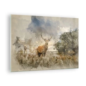 Quadro em vidro - Um cervo em uma paisagem natural com cores sutis ao fundo - 70x50cm - Dignidade - força - dignidade - Decoração de parede moderna para a sala de estar e quarto ARTTOR