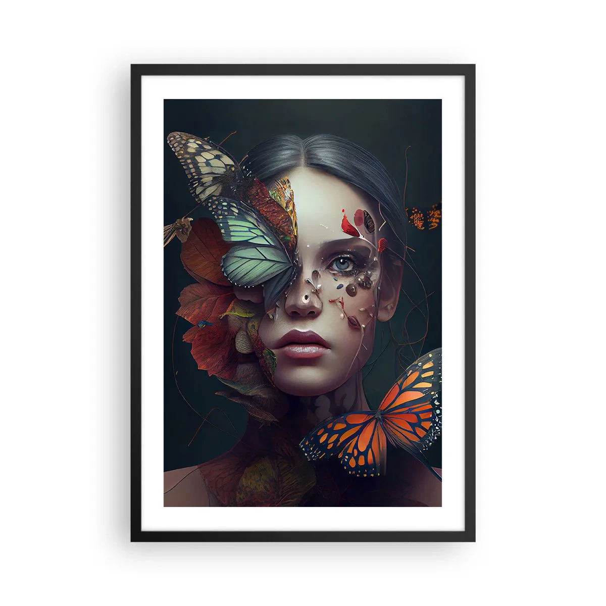 Pôster com moldura preta - Retrato de uma mulher com borboletas e folhas - 50x70cm - Uma metamorfose maravilhosa - Decoração de parede moderna para a sala de estar e quarto ARTTOR