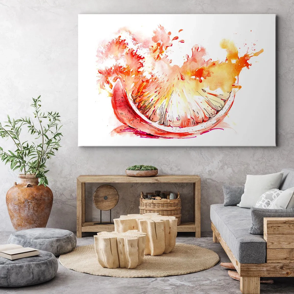 Quadro em tela - Uma fatia de toranja em aquarela com cores vibrantes - 70x50cm - Refresco suculento - Decoração de parede moderna para a sala de estar e quarto ARTTOR