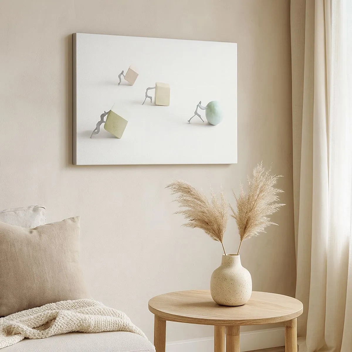 Quadro em tela - Figuras em miniatura empurrando formas contra um fundo claro - 70x50cm - É a vida - Decoração de parede moderna para a sala de estar e quarto ARTTOR