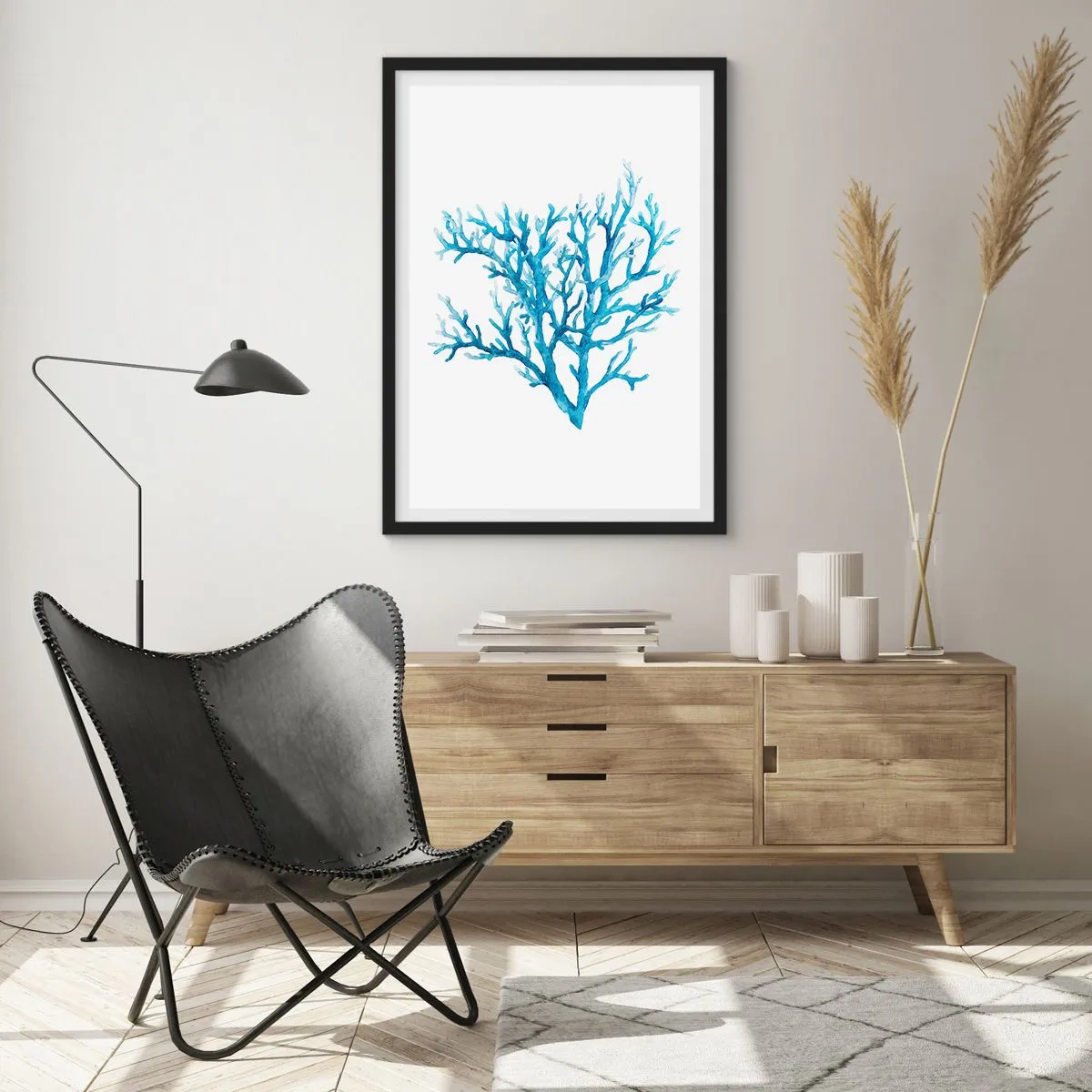 Pôster com moldura preta - Coral azul em estilo aquarela sobre fundo branco - 50x70cm - Filigrana náutica - Decoração de parede moderna para a sala de estar e quarto ARTTOR