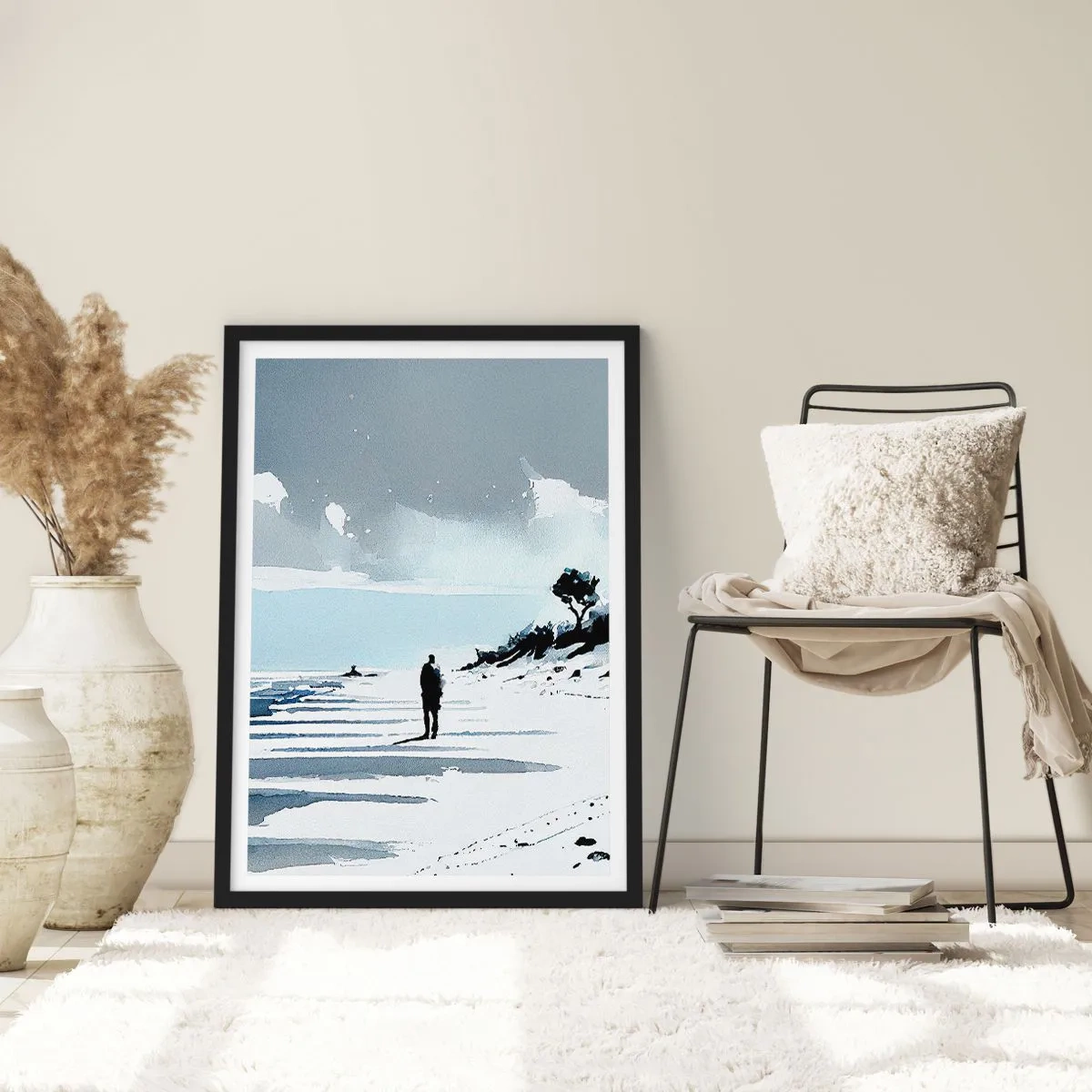 Pôster com moldura preta - Uma figura solitária na praia em tons de aquarela - 50x70cm - Sozinho - Decoração de parede moderna para a sala de estar e quarto ARTTOR
