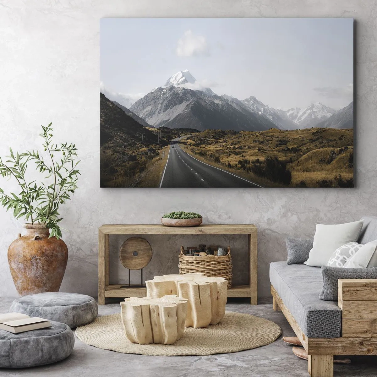 Quadro em tela - Uma estrada nas montanhas cercada por uma paisagem pitoresca - 70x50cm - O caminho para o coração das montanhas - Decoração de parede moderna para a sala de estar e quarto ARTTOR