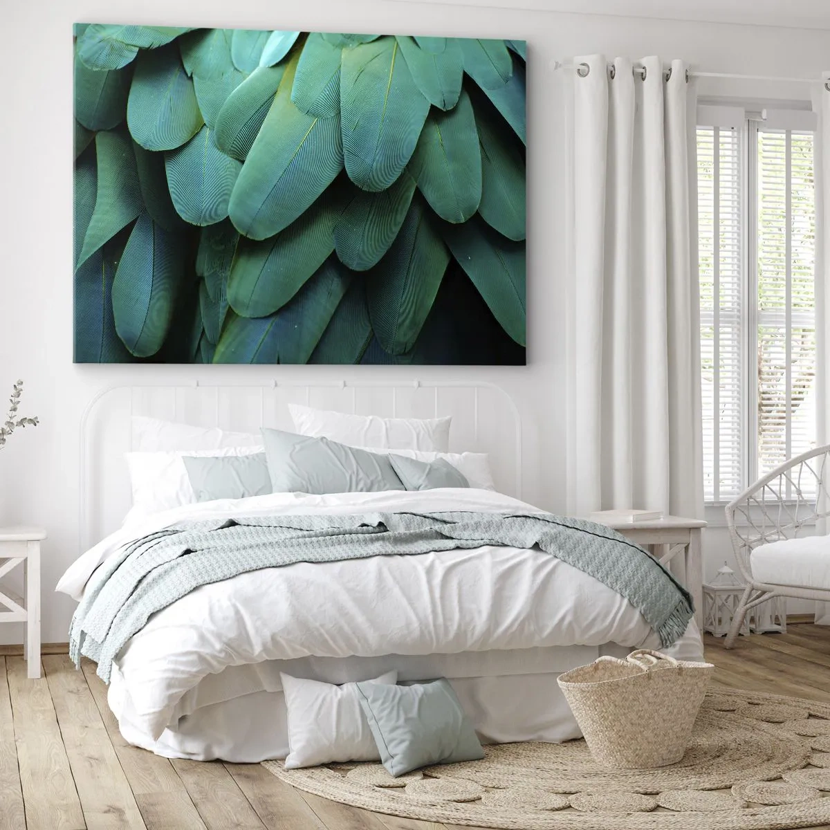 Quadro em tela - Detalhe de penas em tons de verde - 70x50cm - Precisão de papagaio - Decoração de parede moderna para a sala de estar e quarto ARTTOR