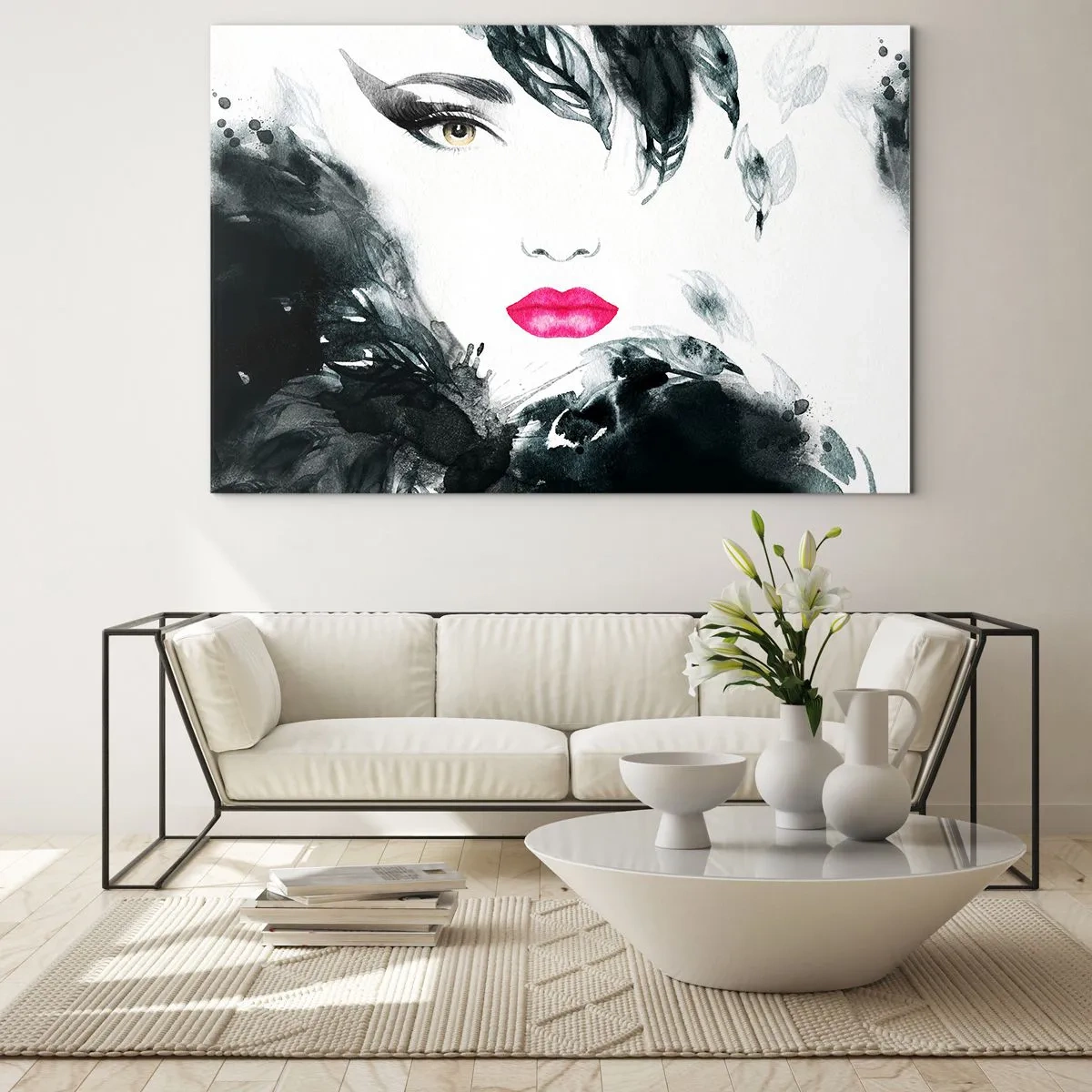 Quadro em vidro - Retrato de uma mulher com lábios rosados e detalhes em preto - 70x50cm - Atenção! Femme fatale - Decoração de parede moderna para a sala de estar e quarto ARTTOR
