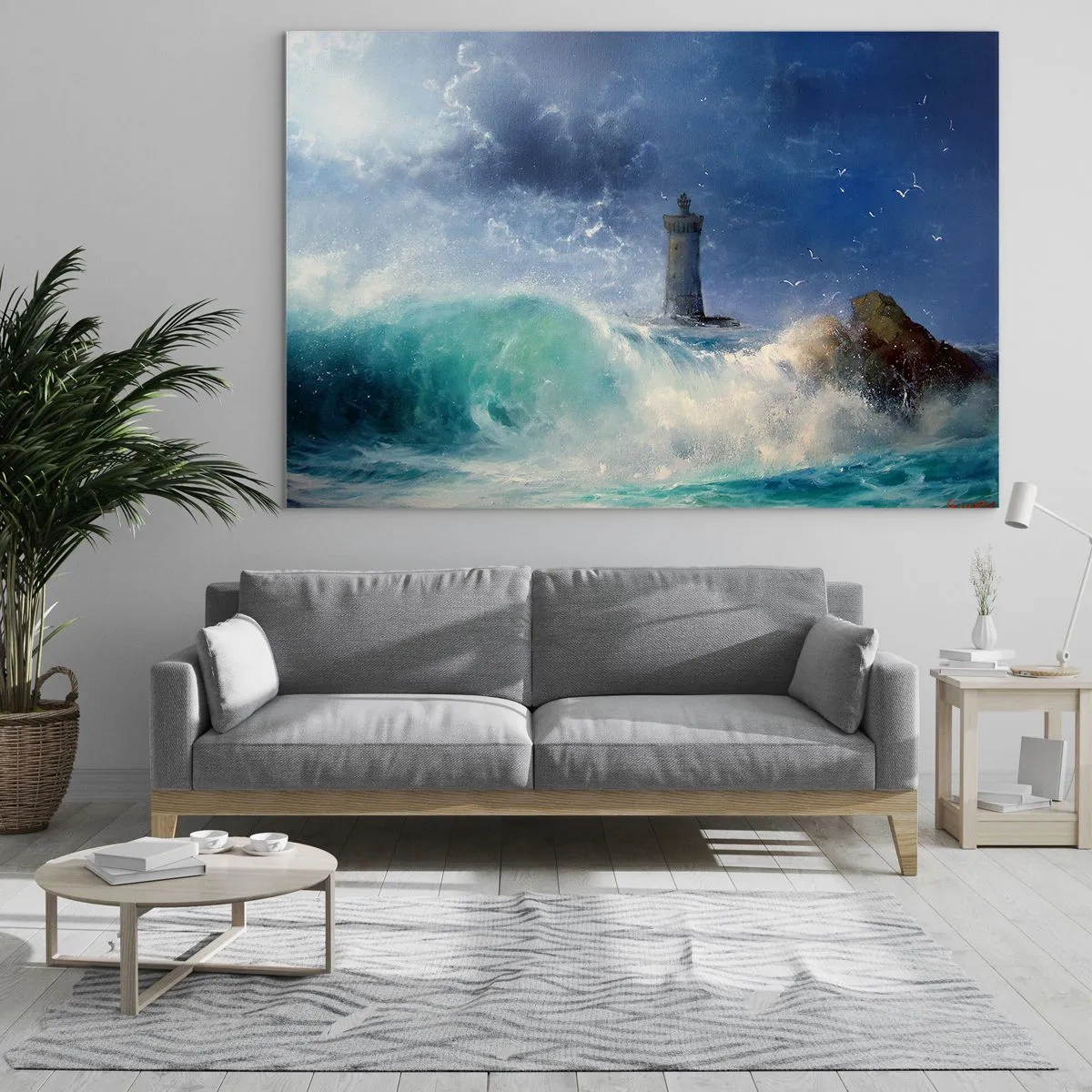 Quadro em vidro - Um farol entre as ondas agitadas do oceano - 70x50cm - Na guarda contra os elementos da natureza - Decoração de parede moderna para a sala de estar e quarto ARTTOR