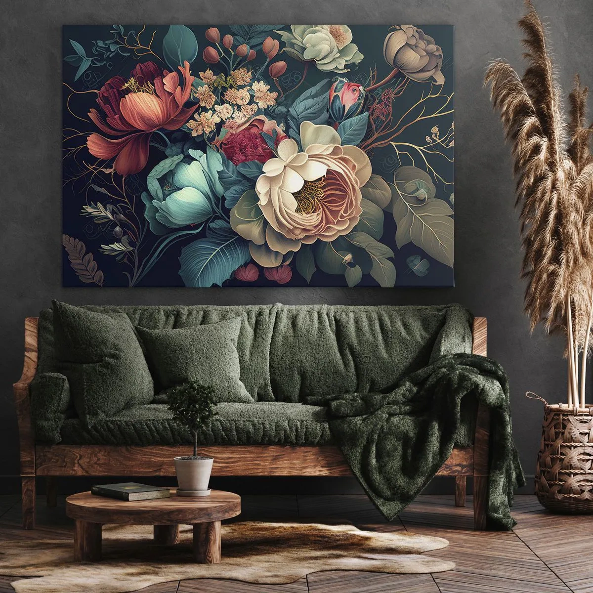 Quadro em tela - Uma composição colorida de flores em um fundo escuro - 70x50cm - Charme do século 19 - Decoração de parede moderna para a sala de estar e quarto ARTTOR