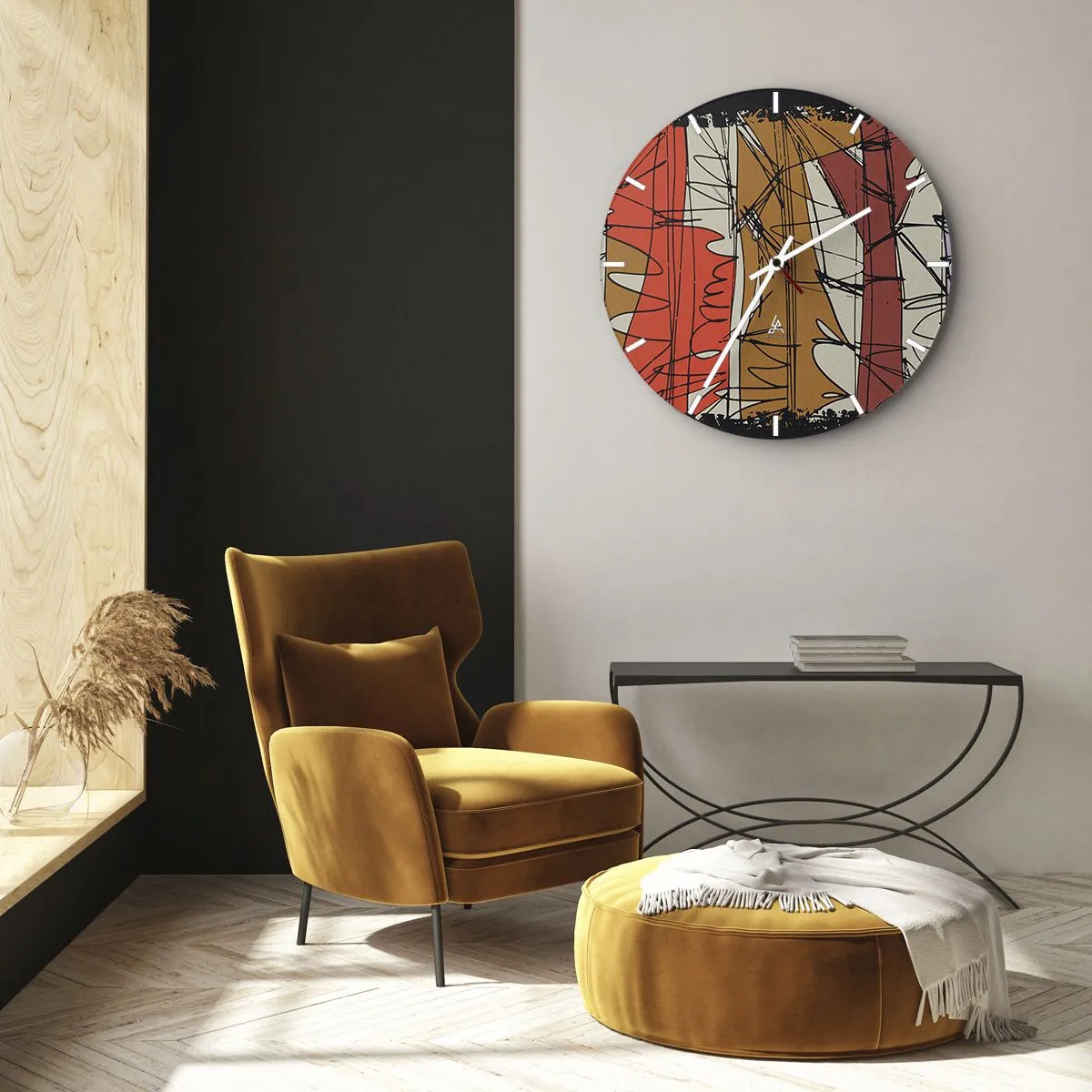 Relógio de parede - Relógio em vidro - Linhas e manchas abstratas em uma paleta de cores quentes - 30x30cm - Composição espontânea - Decoração de parede moderna para a sala de estar, cozinha e quarto ARTTOR