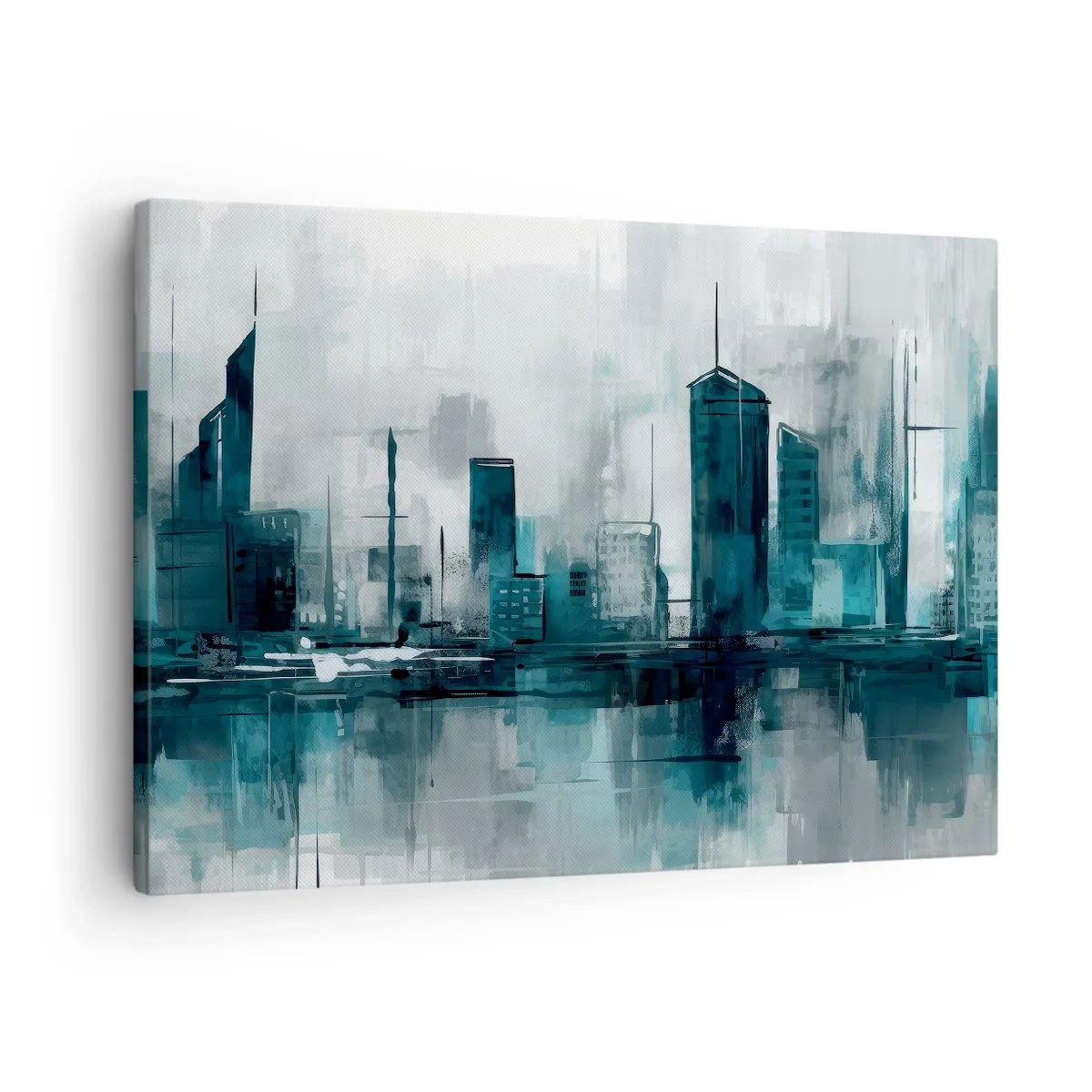 Quadro em tela - Uma cidade moderna em tons de turquesa e cinza - 70x50cm - Uma cidade da cor da chuva - Decoração de parede moderna para a sala de estar e quarto ARTTOR