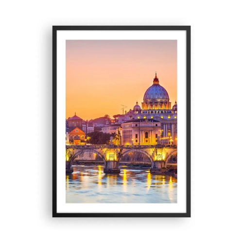 Pôster com moldura preta - Pôr do sol sobre a ponte e a basílica com luzes em Roma - 50x70cm - Crepúsculo sobre a Cidade Eterna - Decoração de parede moderna para a sala de estar e quarto ARTTOR