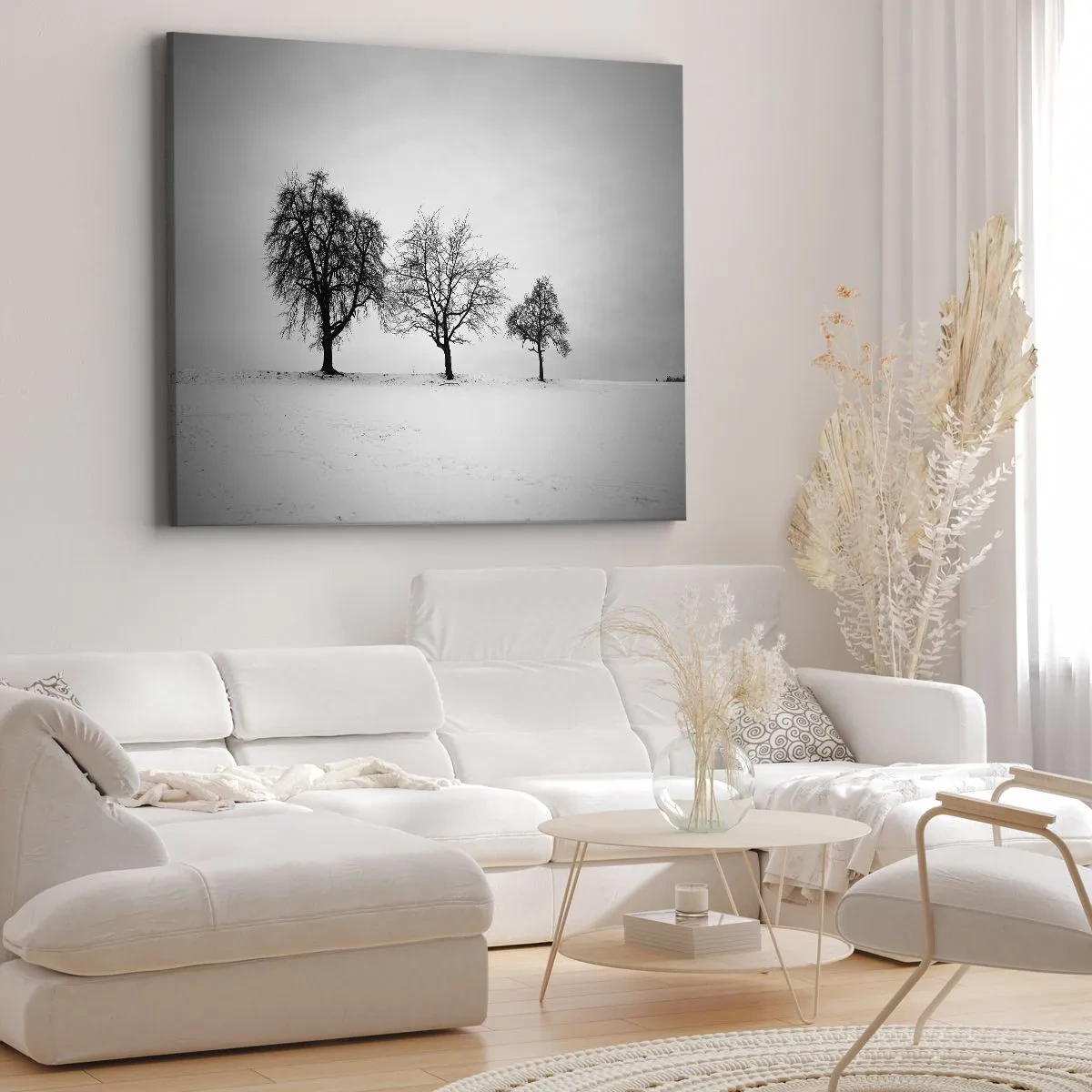 Quadro em tela - Três árvores em um campo nevado em estilo monocromático - 70x50cm - Com que sonham elas? - Decoração de parede moderna para a sala de estar e quarto ARTTOR