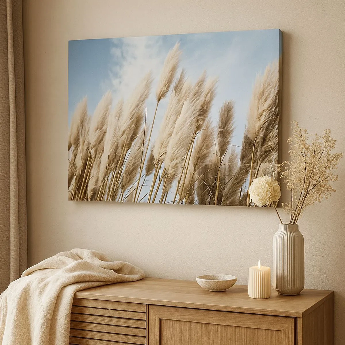 Quadro em tela - Delicadas gramíneas dos pampas contra um céu azul com nuvens claras - 70x50cm - Carícia ensolarada e ventosa - Decoração de parede moderna para a sala de estar e quarto ARTTOR