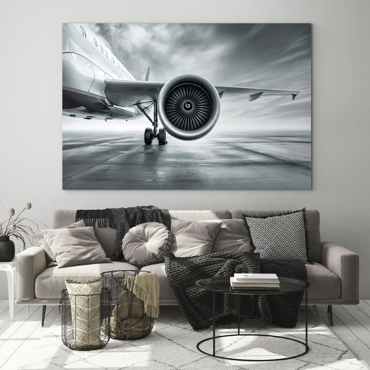 Quadro em vidro - A turbina de um avião de passageiros na pista ao amanhecer - 70x50cm - Há poder! - Decoração de parede moderna para a sala de estar e quarto ARTTOR