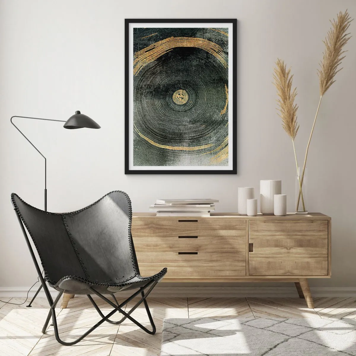 Pôster com moldura preta - Grãos de madeira abstratos em tons de dourado e preto - 50x70cm - Mudança e persistência - Decoração de parede moderna para a sala de estar e quarto ARTTOR