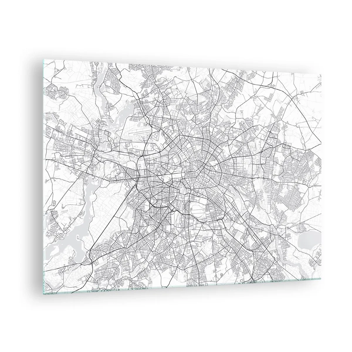 Quadro em vidro - Mapa preto e branco de Berlim com um layout de ruas geométrico - 70x50cm - Flor de Berlim - Decoração de parede moderna para a sala de estar e quarto ARTTOR