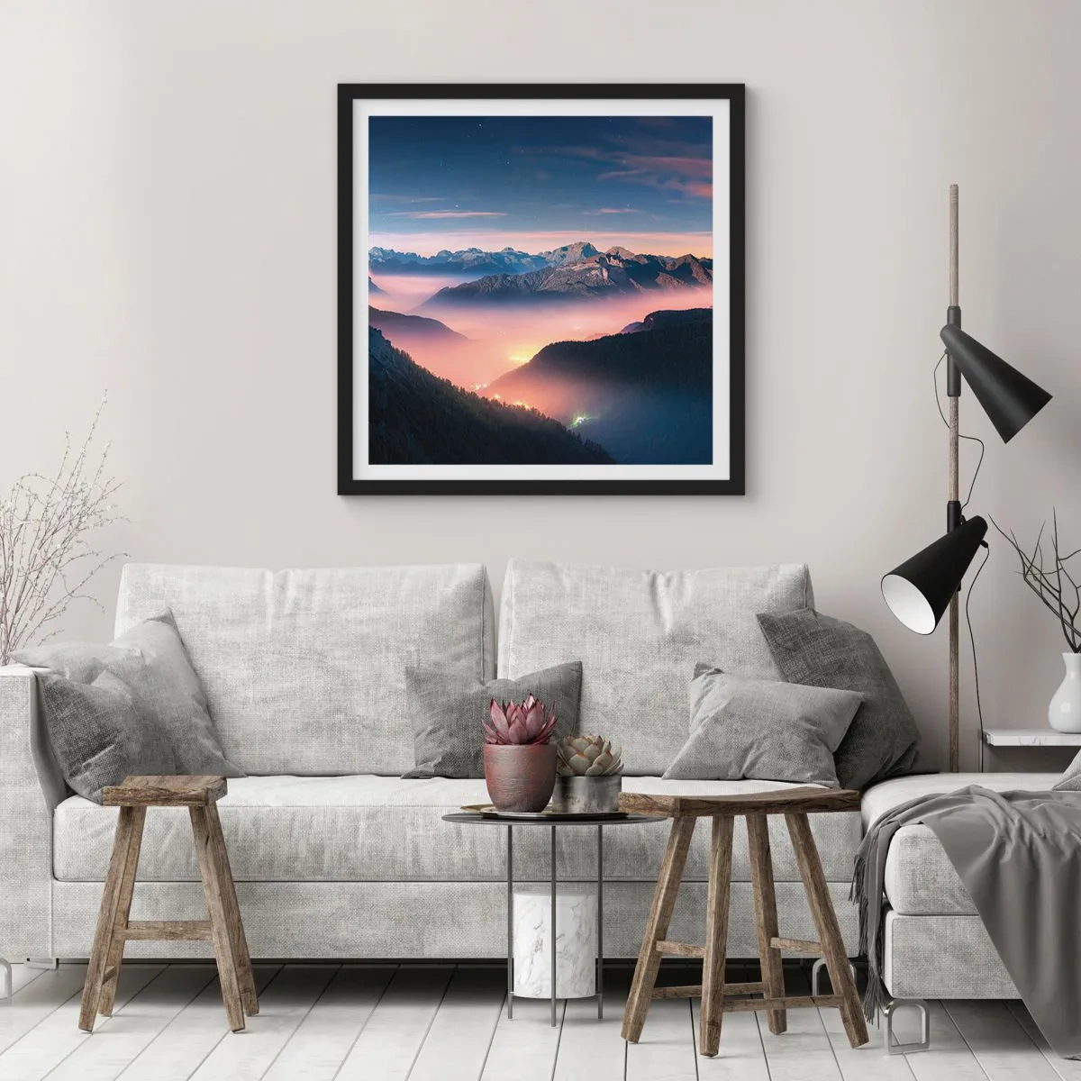 Pôster com moldura preta - Luz nos vales - 50x50 cm