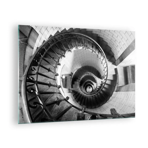 Quadro em vidro - Foto em preto e branco de uma escada em espiral em perspectiva - 70x50cm - Cada vez mais alto - Decoração de parede moderna para a sala de estar e quarto ARTTOR