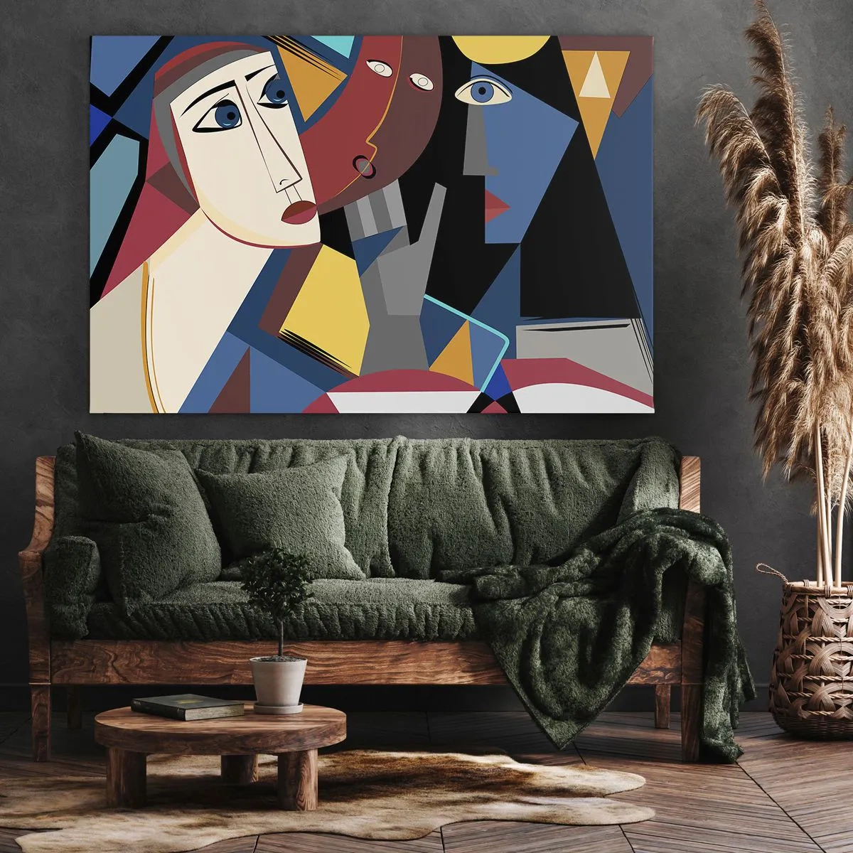 Quadro em tela - Rostos cubistas em cores intensas - 70x50cm - Uma conversa entre cubistas - Decoração de parede moderna para a sala de estar e quarto ARTTOR