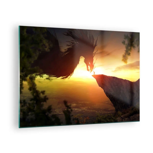 Quadro em vidro - Um dragão no brilho do pôr do sol sobre um penhasco - 70x50cm - O matador de dragões - Decoração de parede moderna para a sala de estar e quarto ARTTOR
