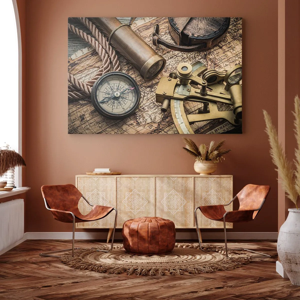 Quadro em tela - Uma bússola, um sextante e um telescópio contra o fundo de um mapa antigo e uma corda náutica. - 70x50cm - Definir um rumo - Decoração de parede moderna para a sala de estar e quarto ARTTOR