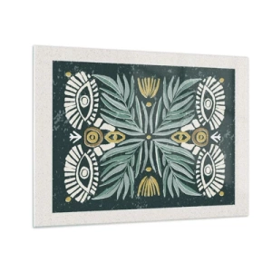 Quadro em vidro - Uma composição simétrica de folhas e padrões em estilo folclórico - 70x50cm - Como um recorte folclórico - Decoração de parede moderna para a sala de estar e quarto ARTTOR