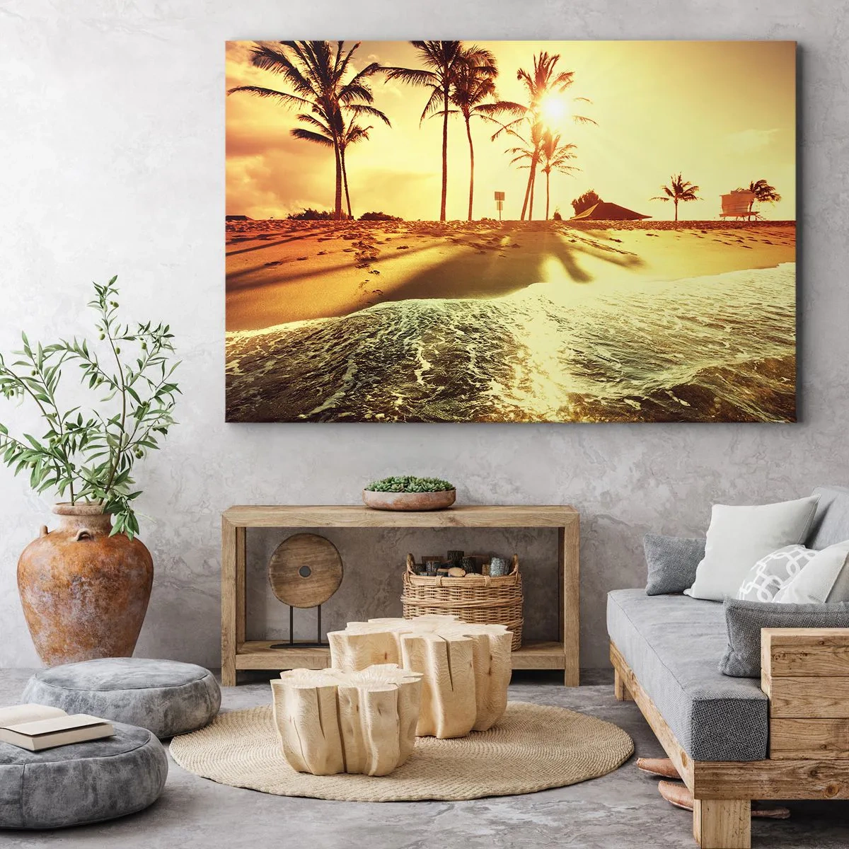 Quadro em tela - Uma praia com palmeiras iluminadas por um pôr do sol quente - 70x50cm - Califórnia à tarde - Decoração de parede moderna para a sala de estar e quarto ARTTOR