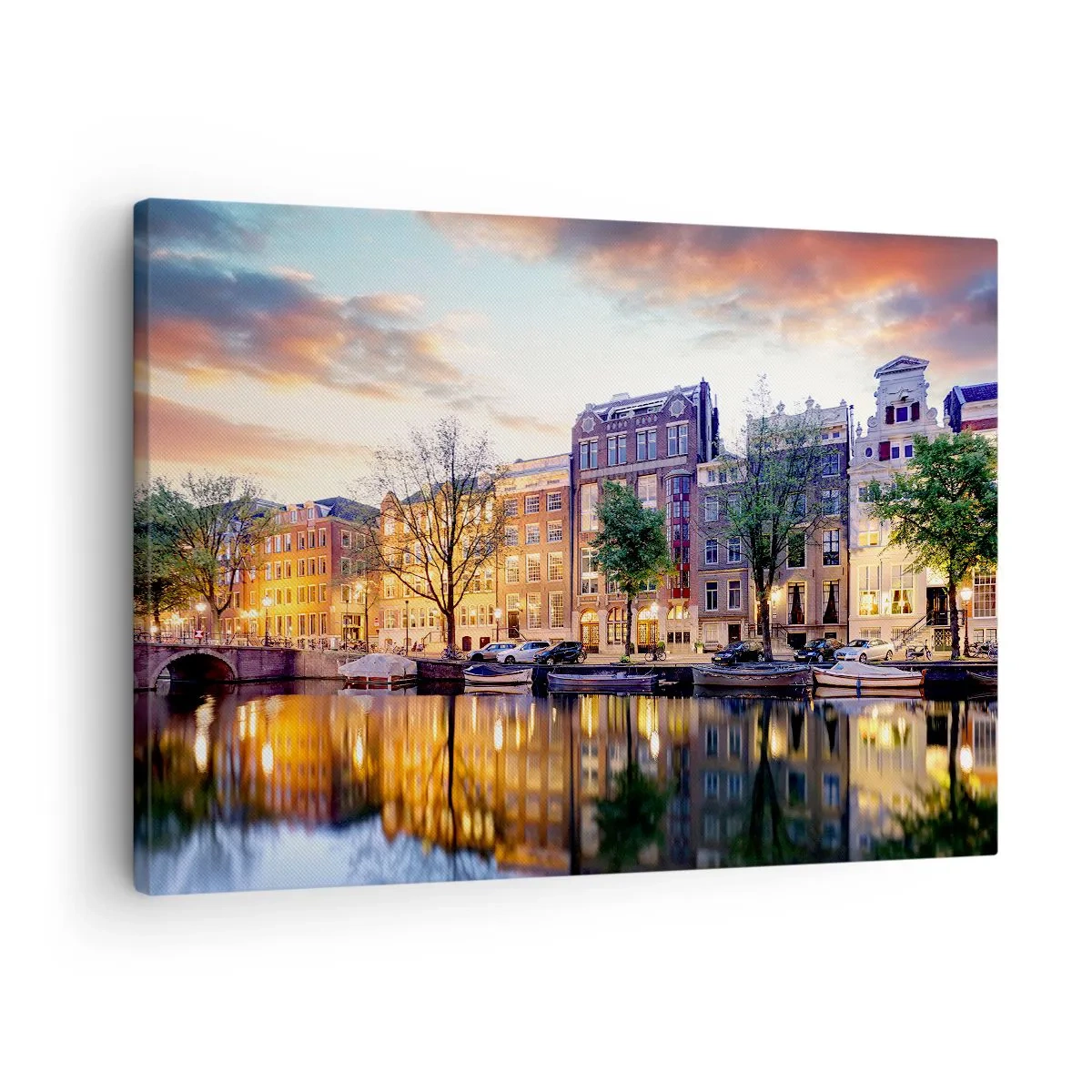 Quadro em tela - Canal com reflexo de casas de cortiços na luz do entardecer - 70x50cm - Beleza holandesa contida e calma - Decoração de parede moderna para a sala de estar e quarto ARTTOR