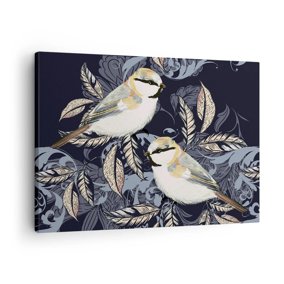 Quadro em tela - Pássaros em galhos em um fundo ornamental - 70x50cm - Canto amarelo-azul - Decoração de parede moderna para a sala de estar e quarto ARTTOR