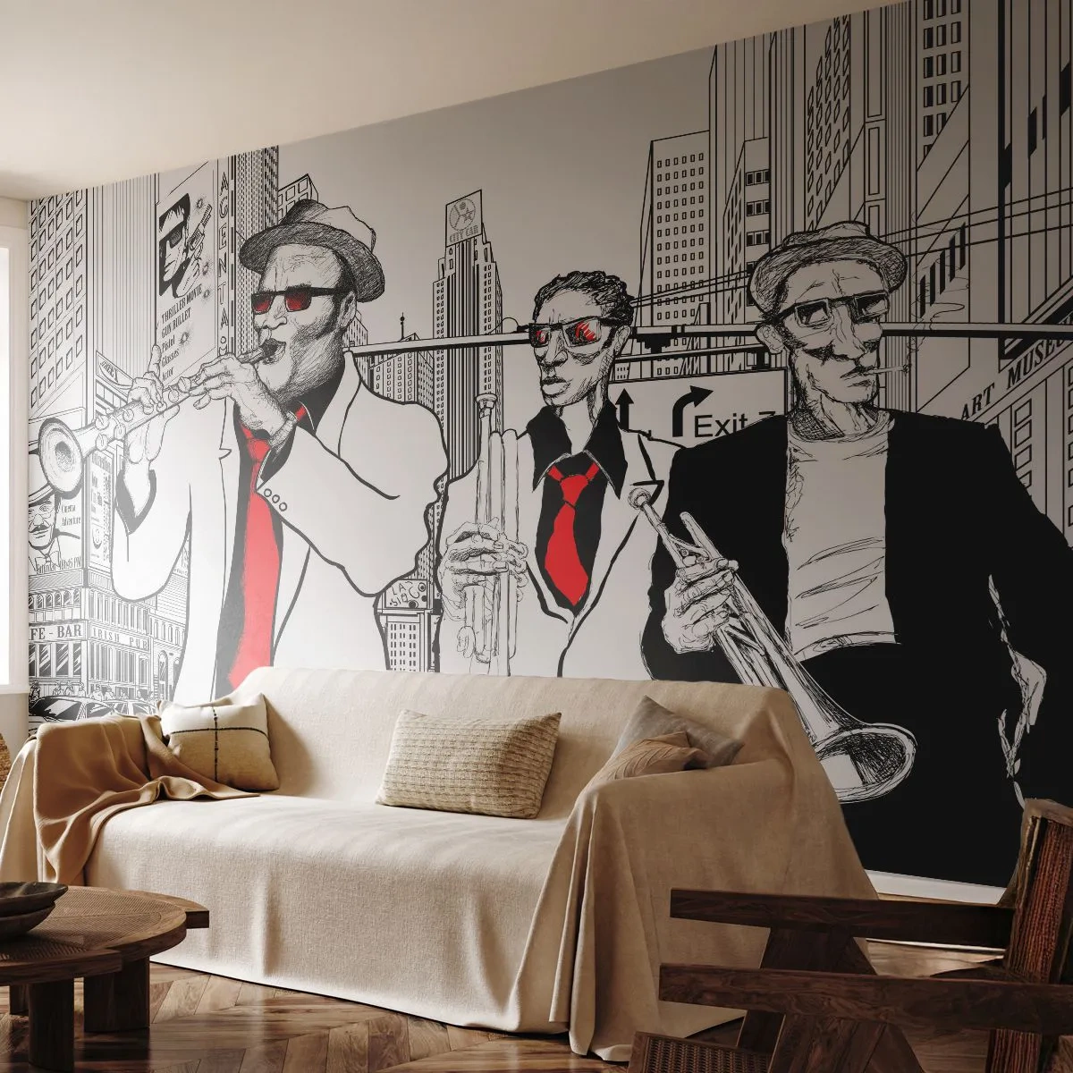 Papel de Parede Premium Sand - Rapsódia urbana a preto e vermelho - Nova Iorque, Jazz, Música - 500x350 cm