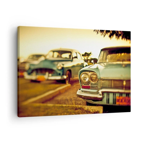 Quadro em tela - Carros clássicos na luz quente do pôr do sol - 70x50cm - Vamos esperar para ver - Decoração de parede moderna para a sala de estar e quarto ARTTOR