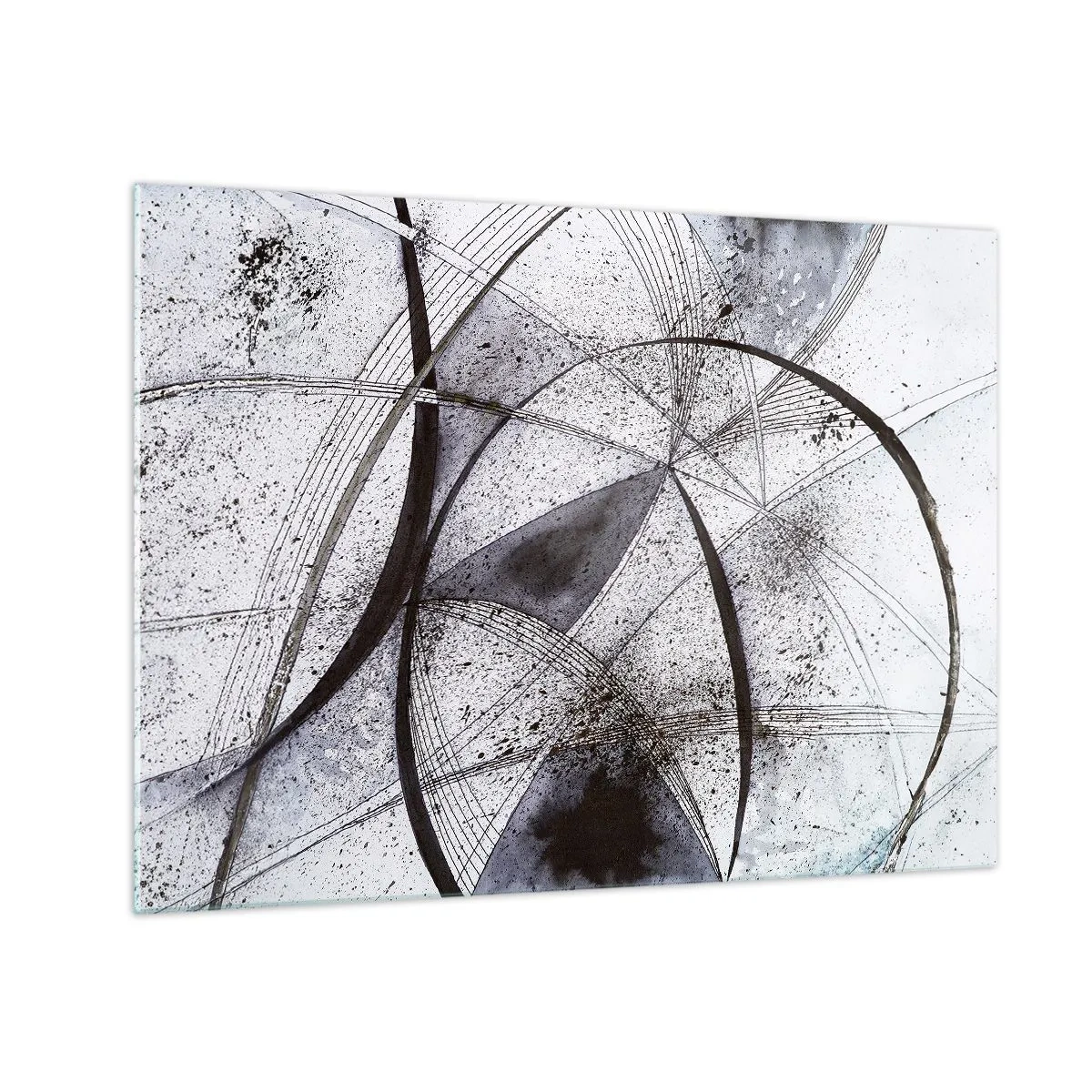 Quadro em vidro - Uma composição em preto e branco de linhas que se cruzam e arcos geométricos. - 70x50cm - Fantasia futurista - Decoração de parede moderna para a sala de estar e quarto ARTTOR