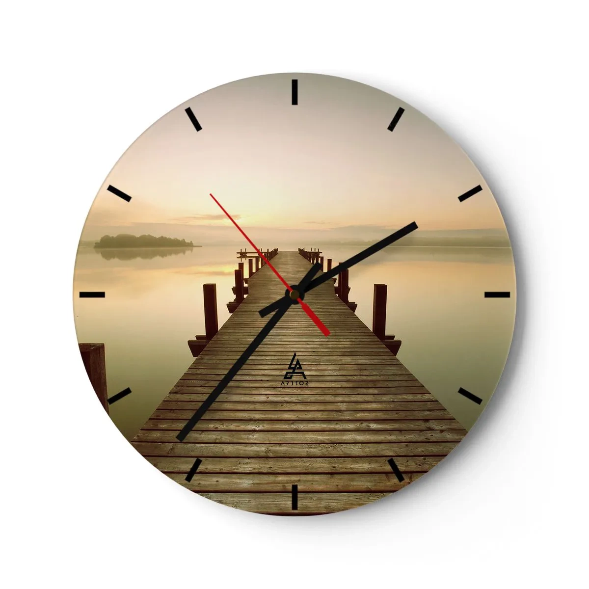 Relógio de parede - Relógio em vidro - Um cais de madeira ao nascer do sol sobre um lago calmo - 30x30cm - Antes do amanhecer, nascer do sol, luz - Decoração de parede moderna para a sala de estar, cozinha e quarto ARTTOR