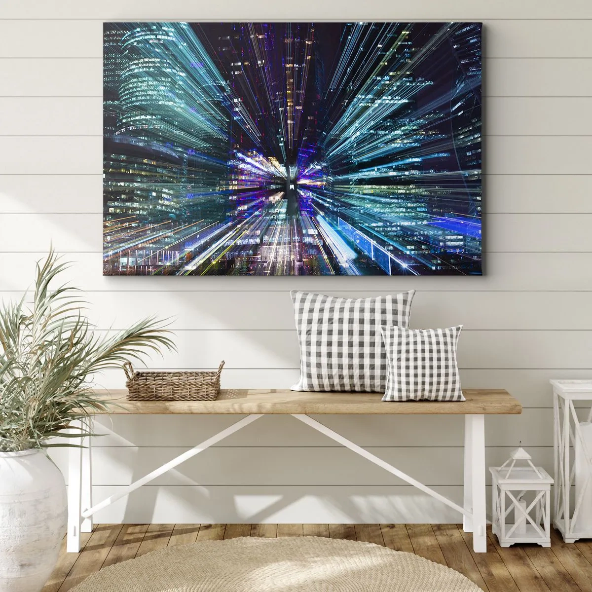 Quadro em tela - Visão dinâmica da cidade à noite com efeito de iluminação - 70x50cm - Transição para o hiperespaço - Decoração de parede moderna para a sala de estar e quarto ARTTOR