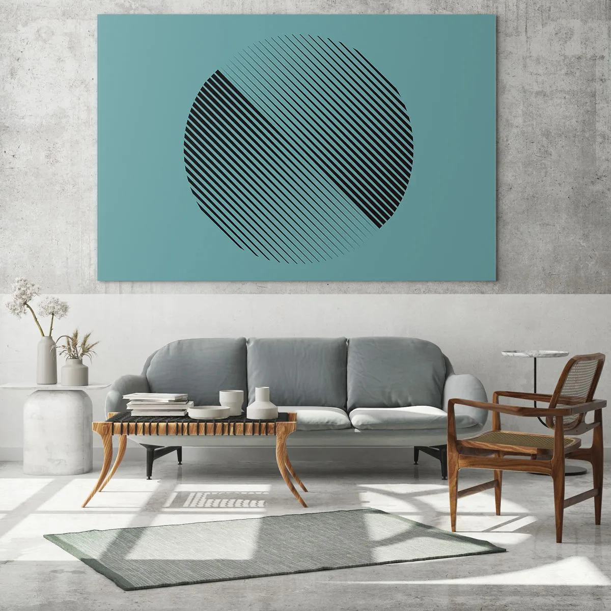 Quadro em vidro - Linhas pretas formando um círculo sobre um fundo turquesa - 70x50cm - Círculo – uma variação geométrica - Decoração de parede moderna para a sala de estar e quarto ARTTOR