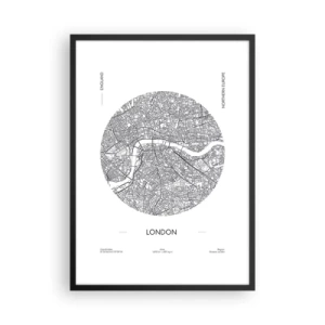 Pôster com moldura preta - Um mapa minimalista em preto e branco de Londres - 50x70cm - Anatomia de Londres - Decoração de parede moderna para a sala de estar e quarto ARTTOR