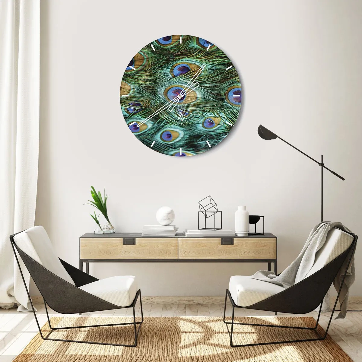 Relógio de parede - Relógio em vidro - Penas de pavão em tons de verde e azul - 30x30cm - Um olhar de pavão - Decoração de parede moderna para a sala de estar, cozinha e quarto ARTTOR