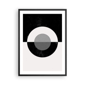 Pôster com moldura preta - Padrão geométrico em preto e branco com um círculo concêntrico - 50x70cm - Harmonia a preto e branco - Decoração de parede moderna para a sala de estar e quarto ARTTOR